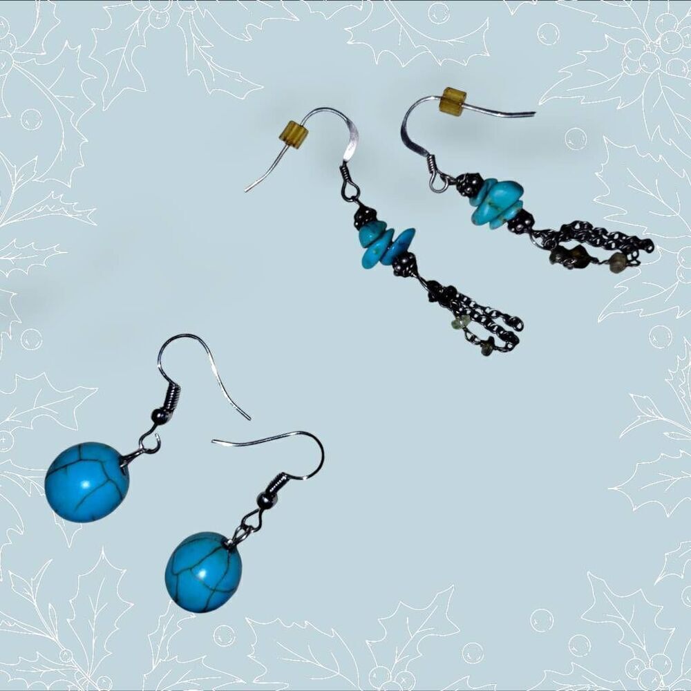 Womens Turquoise Earrings (2)‎ Round Balls Stainless Wires Sterling Stone Chips
